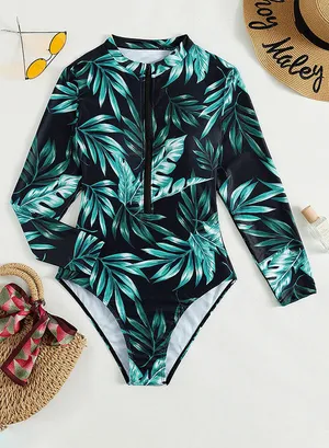 SHEIN Black One-Piece Rash Guard Swimsuit with Green Tropical Leaf Print thumbnail 1