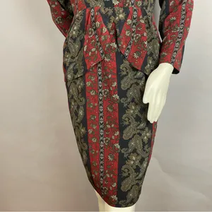 Vintage Dress 80s Pencil Petal Hip‎ Skirt Layer Striped Floral Women Retro Black thumbnail 5
