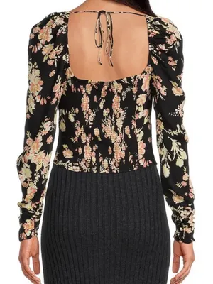 Free People Black Boho Floral Print Long Sleeve W/ Smock Detail Viscose Top NWT thumbnail 10