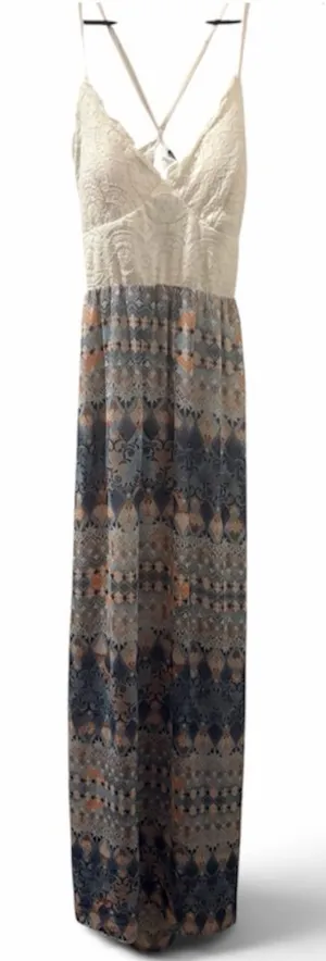 Rue 21 Bohemian Lace-Top Maxi Dress in White and Navy thumbnail 1