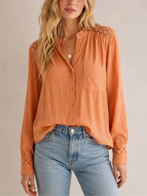 Free People Orange Crochet Lace Button Down Blouse thumbnail 1
