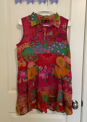 EUC Etc. women’s bright colorful patterned sleeveless tiered handkerchief blouse thumbnail 1