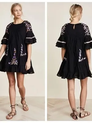 Free People Black Pavlo Embroidered Cottagecore Boho Mini Babydoll Dress thumbnail 2
