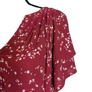 Garnet Hill Poetica Smocked Detail Crepe Blouse Red Floral Flutter Sleeve XL thumbnail 2