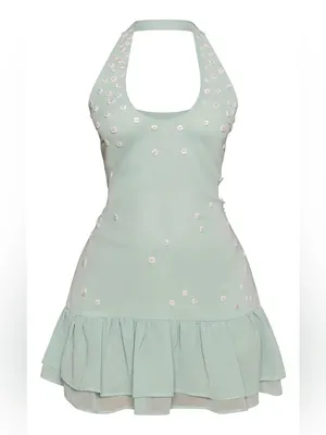 PrettyLittleThing PETITE GREEN BUTTON DETAIL FLOWY CHIFFON MINI DRESS Size 6P thumbnail 3