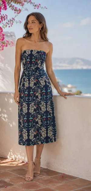 En Saison Opal Denim Floral Strapless Midi Dress Navy Blue Size Small NWT thumbnail 1