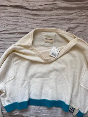 We The Free Cream Cropped Crew Sweater with Teal Trim thumbnail 2