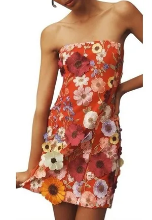 Anthropologie Endless Rose 3D Flowers Floral Embroidered‎ Red Mini Dress S thumbnail 1