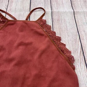 Fornia Rust Ribbed High Neck Lace Trim Cage Back Bralette Crop Top S/M thumbnail 3