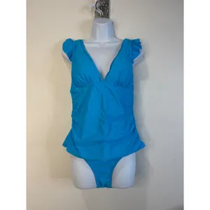Cupshe Bright Blue Ruffle Sleeve Tankini Set High Waisted Ruched Swimsuit L thumbnail 3