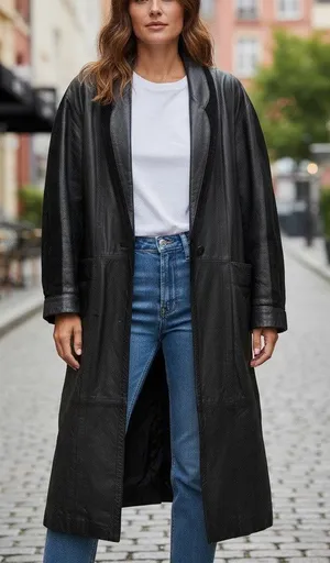 Vintage 90's Marco Morani Black Leather Long Trench Coat Women’s L Suede Trim thumbnail 1