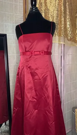 Davids Bridal Red‎ Satin A-Line Formal Gown Dress with Bow Waist Size 12 thumbnail 1