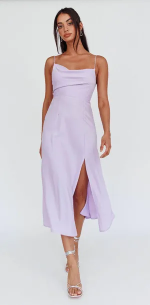 Selfie Leslie Lilac Suki Spaghetti Strap Cowl Neck Front Split Midi Dress thumbnail 3