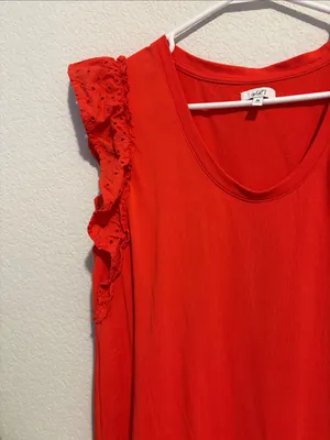 Vibrant coral Ruffle-Sleeve 100% Cotton Shift midi Dress M thumbnail 4
