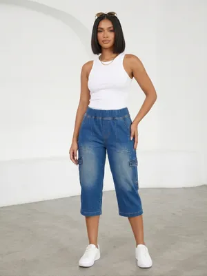Urban Breeze Indigo Cargo Capris | Street Chic Summer Utility thumbnail 3