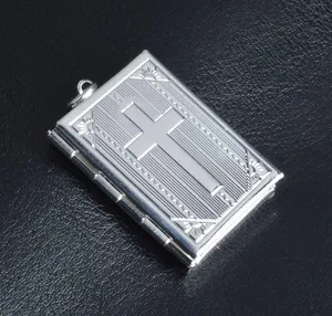 Silver Cross Bible Christian Locket Necklace - Jesus Crucifix, Church, Christ thumbnail 4