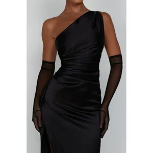 Babyboo Ariel Dress Black One Shoulder Ruched Satin Gown Size Medium NWT thumbnail 3