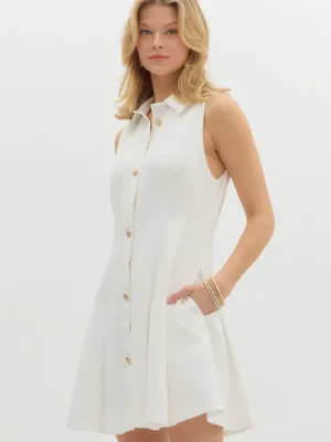 entro White Sleeveless Collared Dress with Gold Buttons with pockets thumbnail 2