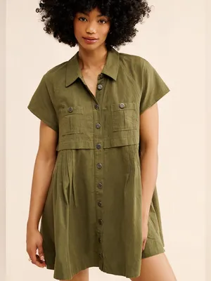 Free People Ronnie Cotton Poplin Mini Shirtdress in Garden Snake Green M thumbnail 3