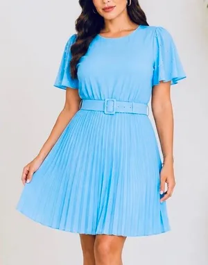 Chic Me Light Blue Pleated Belted Women's Dress S New Without Tag thumbnail 1