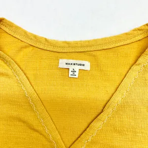 Max Studio Tie Front Ruffle Sleeve Top Women L Yellow Button Up Slub Knit Size L thumbnail 3