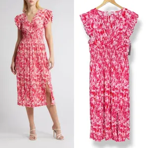 Chelsea28‎ Dress Flutter Sleeve Plissé Midi Dress NWT Pink Red Artful Petals Lrg thumbnail 2