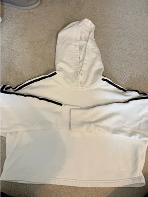 Adidas White Crop Hoodie Women’s Sweatshirt 3 Stripes Embroidered thumbnail 2