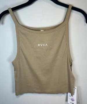 RVCA Haru Slide Tank Top Shirt Tan Ribbed Stretch Crop Summer Neutral NEW Large thumbnail 1