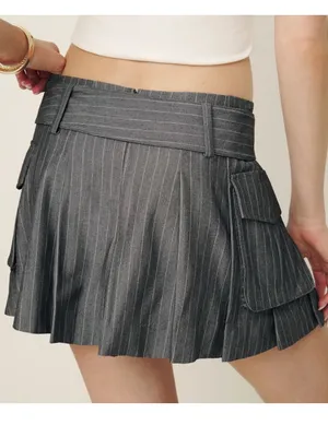 Reformation 6 NEW Brinley Mini Skirt Grey Stripe Academia Preppy Belted Grunge thumbnail 5
