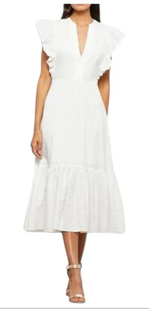 BCBGMAXAZRIA Women's Ruffle Short Sleeve Maxi Dress V Neck‎ White Large Cotton thumbnail 1