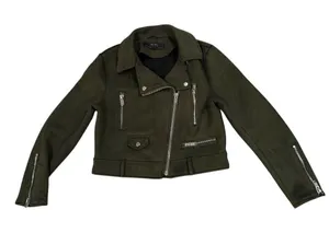 Zara Women's Olive Green Faux Suede Biker Jacket Size M thumbnail 1