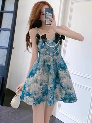 Girls Blue Floral Party Dress with Pearl Straps thumbnail 1