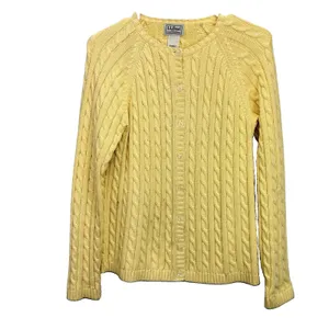 LL Bean Butter Yellow Cable Knit Cotton Button Up Cardigan Sweater Size SMALL thumbnail 2
