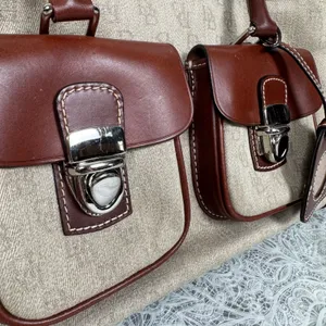 Dooney & Bourke Double Pocket Tote Tan Monogram Brown Leather HandBag Classic thumbnail 2
