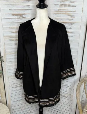ZARA Women's L Combination Faux Suede Embroidered Jacket Boho Western Black thumbnail 3