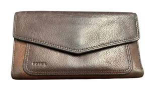 Fossil Genuine Leather Brown Checkbook Wallet Snap Flap Organizer Long Wallet thumbnail 1