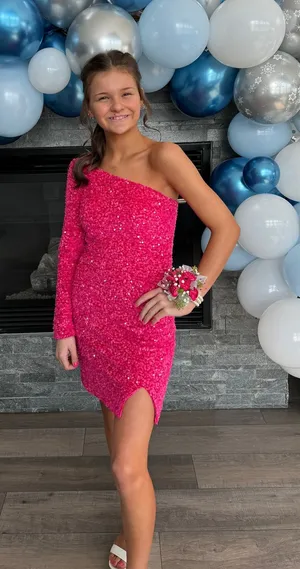 Hot pink one sleeve homecoming dress Size 0 thumbnail 1