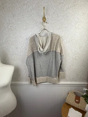 Free People Gray and Cream Mixed-Media Cable Knit Hoodie - Size - XS thumbnail 4