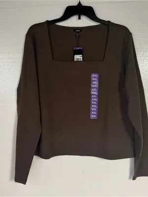 Express Shirt Women Size XXL Brown Square Neck Long Sleeve Top Stretch Fitted thumbnail 1