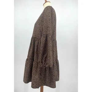 Baby Doll Polka Dot Tiered Midi Dress Brown Cream Balloon Sleeves Boho Western S thumbnail 4
