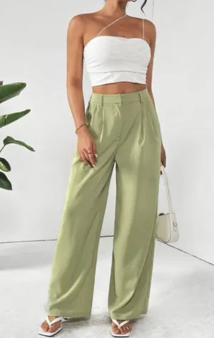 Zara high-rise wide leg pleated green trouser pants with pockets women Size XL thumbnail 15