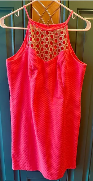 Lilly Pulitzer Larina Shift Dress Pink Sun Ray Crochet Lace Neck Halter 10 thumbnail 1