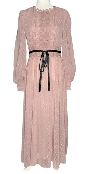 Prairie Dress Maxi S‎ Lace Swiss Dot Ribbon Cottage Romantic Sheer Bishop Sleeve thumbnail 1