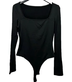 NEW Black Long Sleeve Square Neck Thong Bodysuit Size Medium thumbnail 1