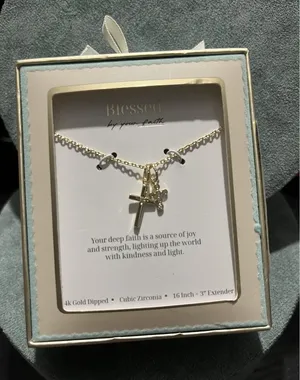 Blessed Gold Plated CZ Cross Charm Necklace Cable Chain 16+3in Adjustable thumbnail 1
