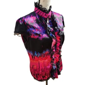 Baby Phat -257 Y2K satin like lace and sequin blouse hot pink and‎ black Large thumbnail 2