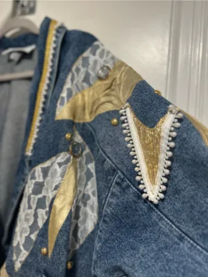 VTG 80s AFSY SzS Loose embellished denim coat gold metallic appliqué lace bead. thumbnail 7