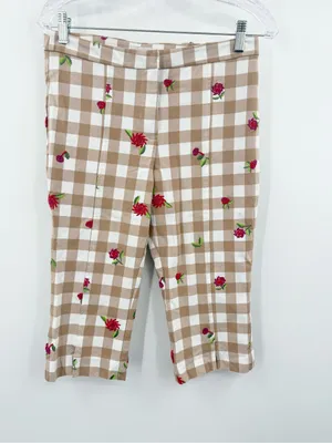 Anthropologie Maeve Tan/White Gingham Capri Floral Embroidered Pants Size 4P thumbnail 2
