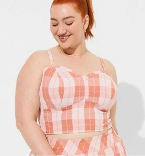 Torrid Women's Plus 2 2x Orange Seersucker Sleeveles Bralette Gingham Print tank thumbnail 1