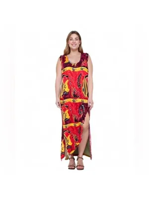 Dunn’s River Falls Jamaica Ocean Fish Sea Life Red Sleeveless Maxi Dress Vintage thumbnail 3